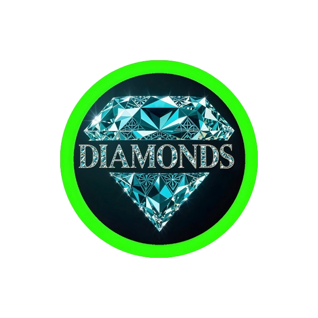 DIAMONDS logo — faceted blue diamond with a silver DIAMONDS wordmark, enclosed by a neon green ring