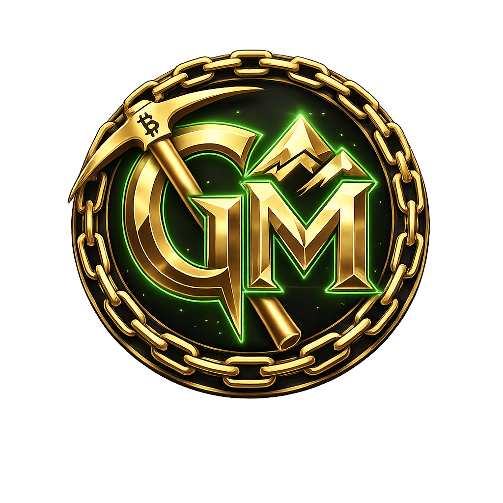 Gold Mine 'GM' logo — golden chain circle framing a 3D gold GM wordmark with a pickaxe and Bitcoin symbol over mountain peaks